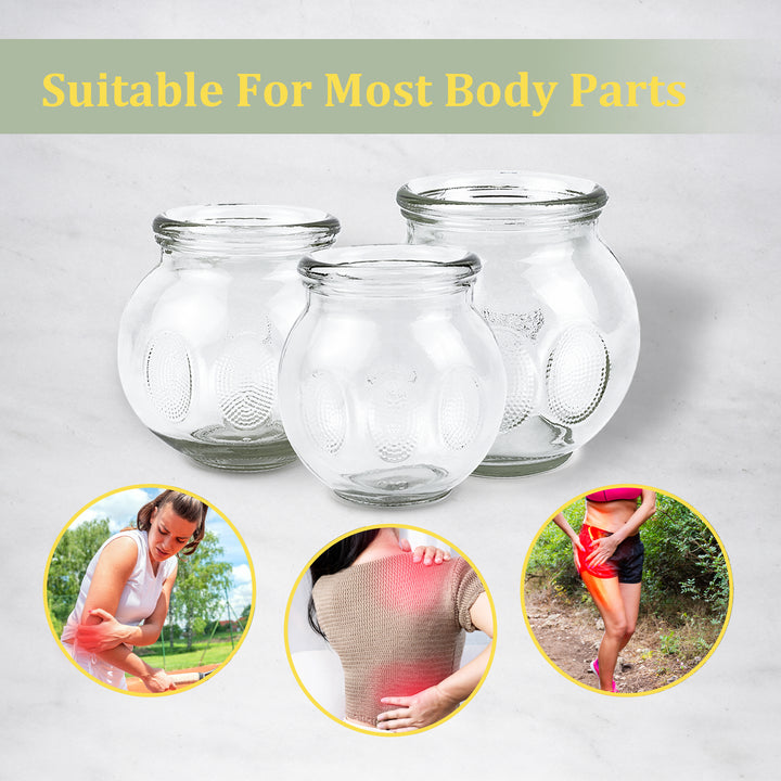 Ten-Chi glass cupping therapy set — three glass cups with text 'Suitable for most body parts' and small images of use on arms, back, and legs