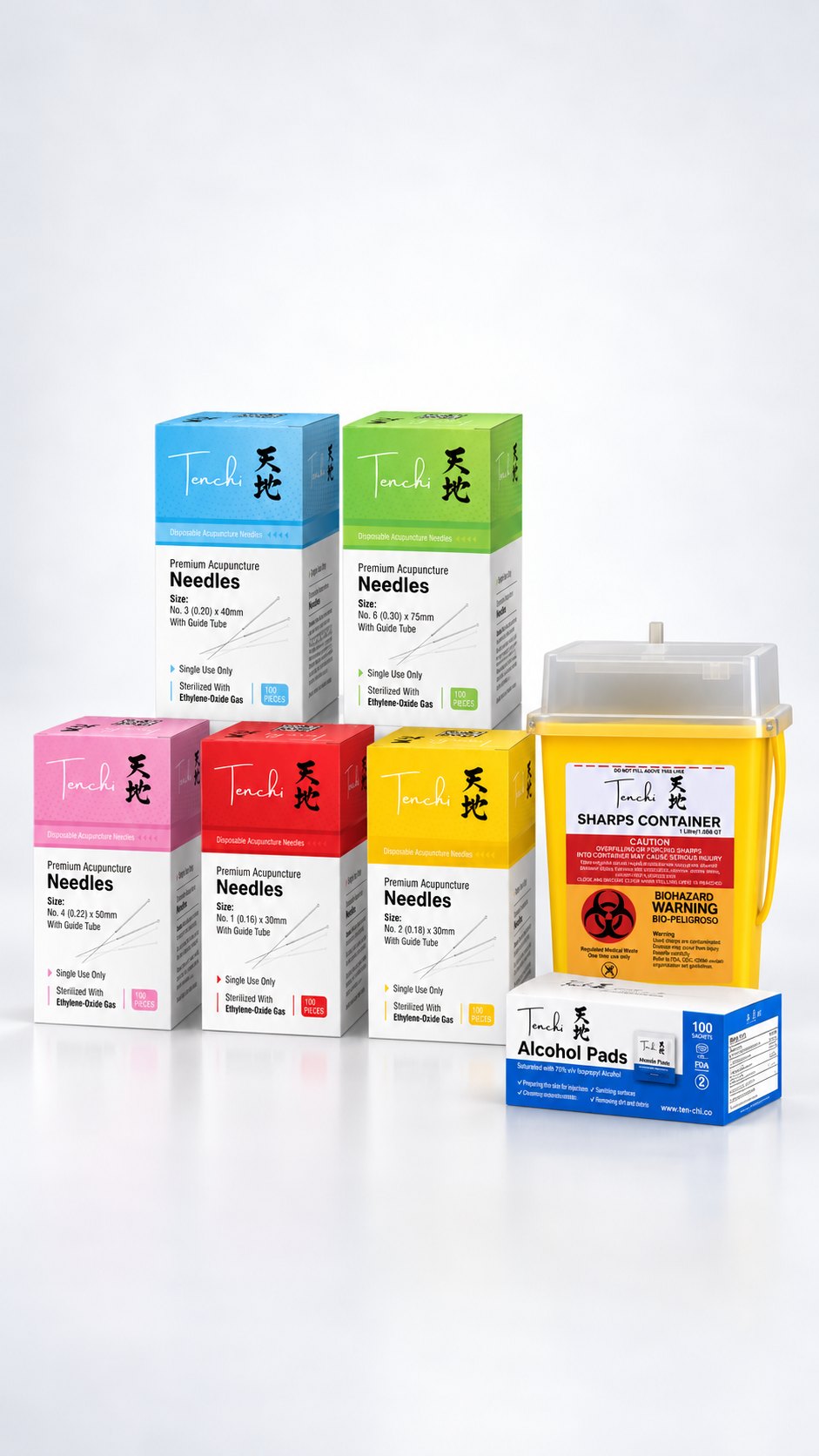 Tenchi needle boxes in all six gauge colors, with a sharps container and a box of alcohol prep pads