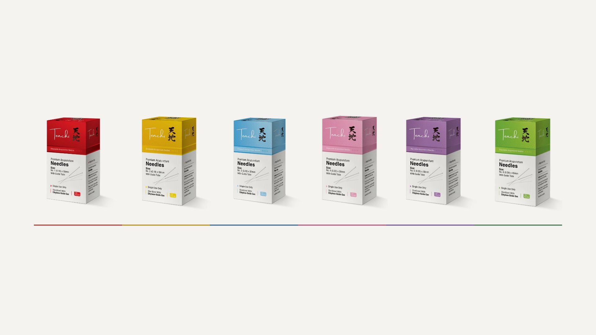 The six Tenchi needle boxes, red to green, standing in a row on one baseline.