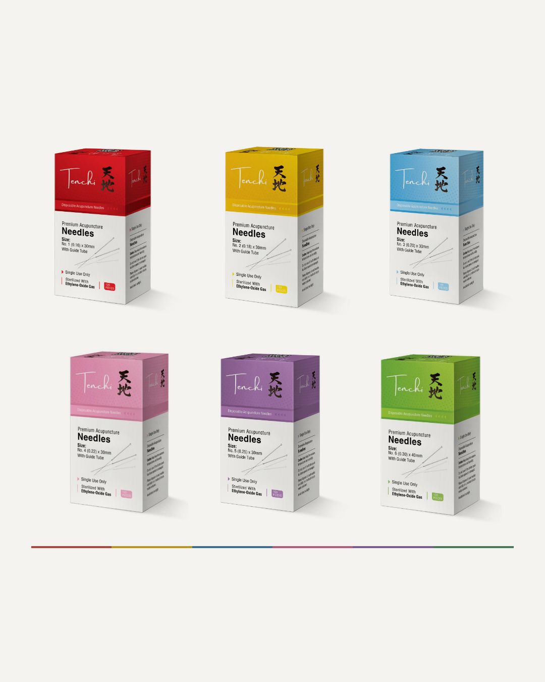 The six Tenchi needle boxes, red to green, standing in a row on one baseline.